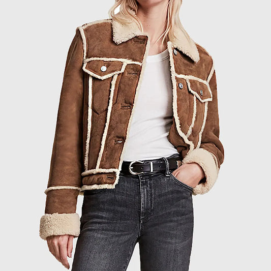 Laura Women's Brown Shearling Leather Trucker Jacket | Premium Winter Coat