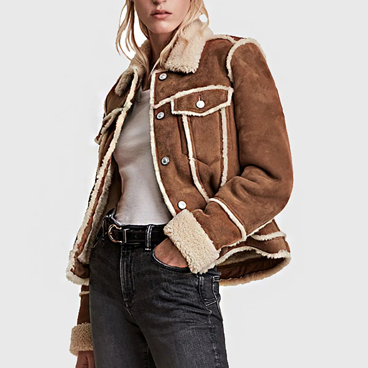Laura Women's Brown Shearling Leather Trucker Jacket | Premium Winter Coat