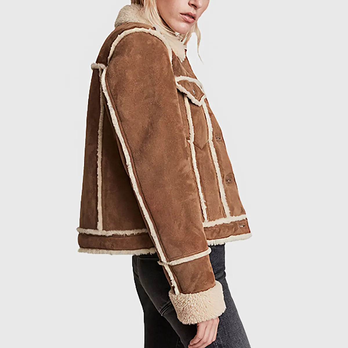Laura Women's Brown Shearling Leather Trucker Jacket | Premium Winter Coat