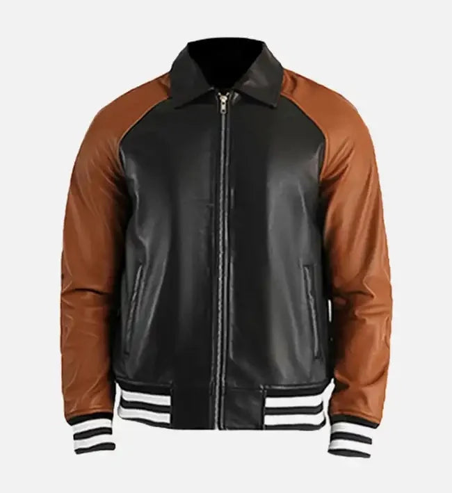 Men's Black& Brown Leather Varsity Jacket
