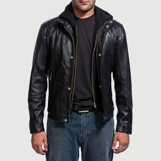 Highschool Black Hooded Leather Jacket for Men | Premium Genuine Leather Jacket