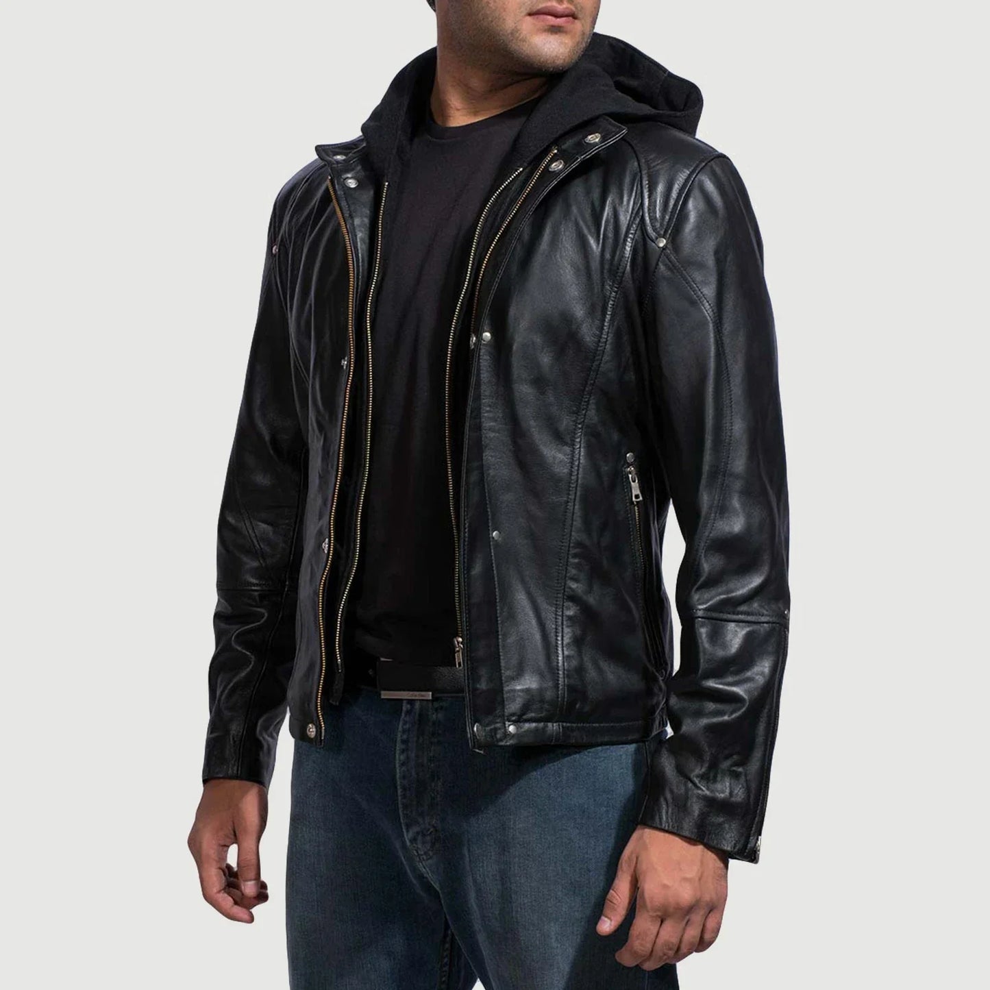 Highschool Black Hooded Leather Jacket for Men | Premium Genuine Leather Jacket