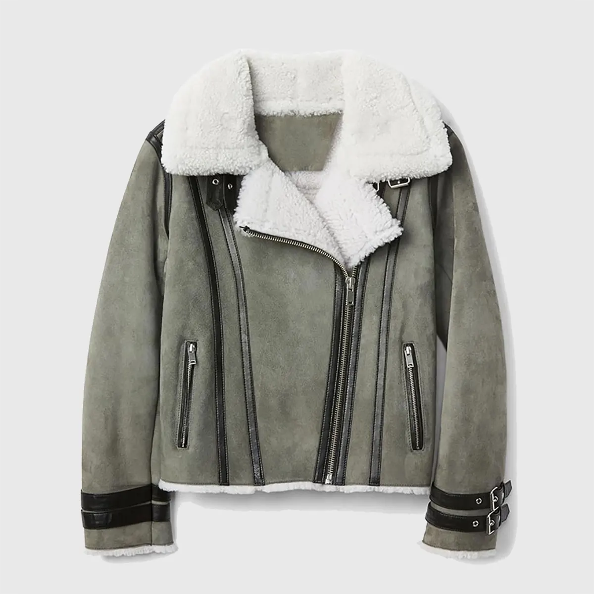 Maggie Women's Grey B-3 Shearling Bomber Leather Jacket | Premium Winter Coat