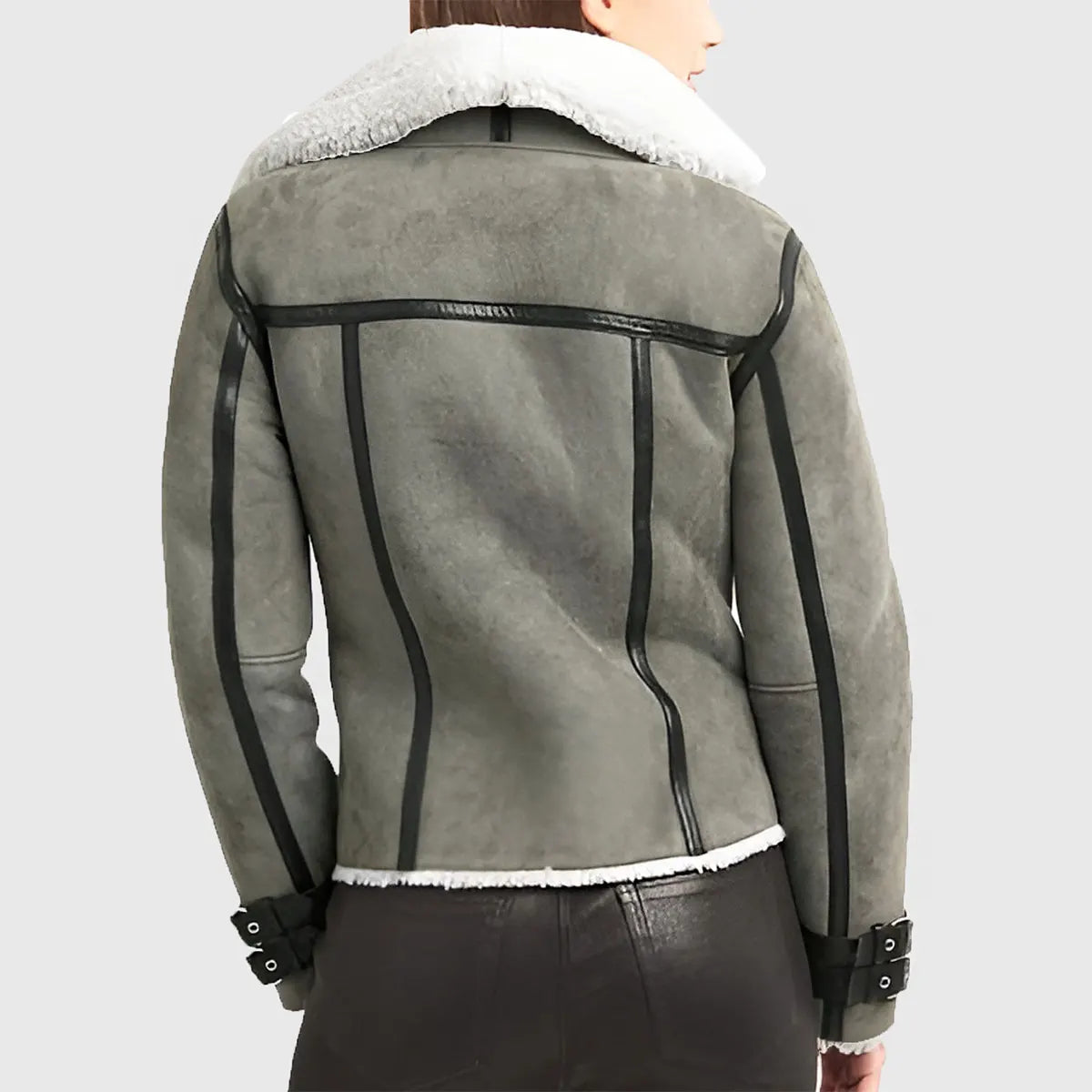 Maggie Women's Grey B-3 Shearling Bomber Leather Jacket | Premium Winter Coat