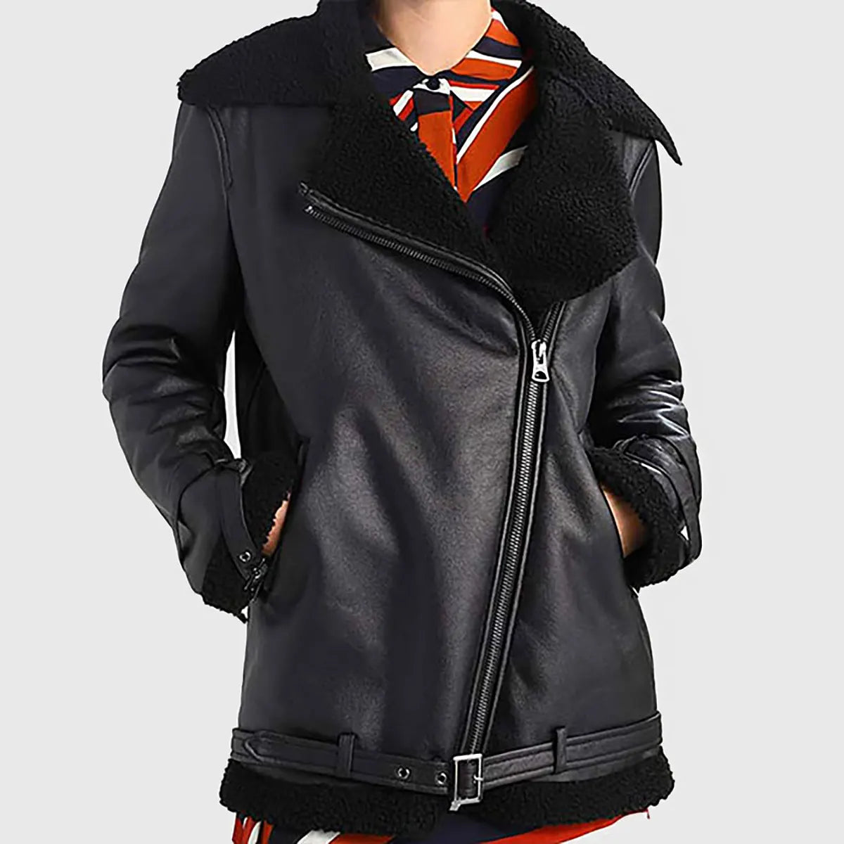 Melissa Women's Oversized Black Shearling Bomber Leather Jacket | Premium Fur Winter Coat