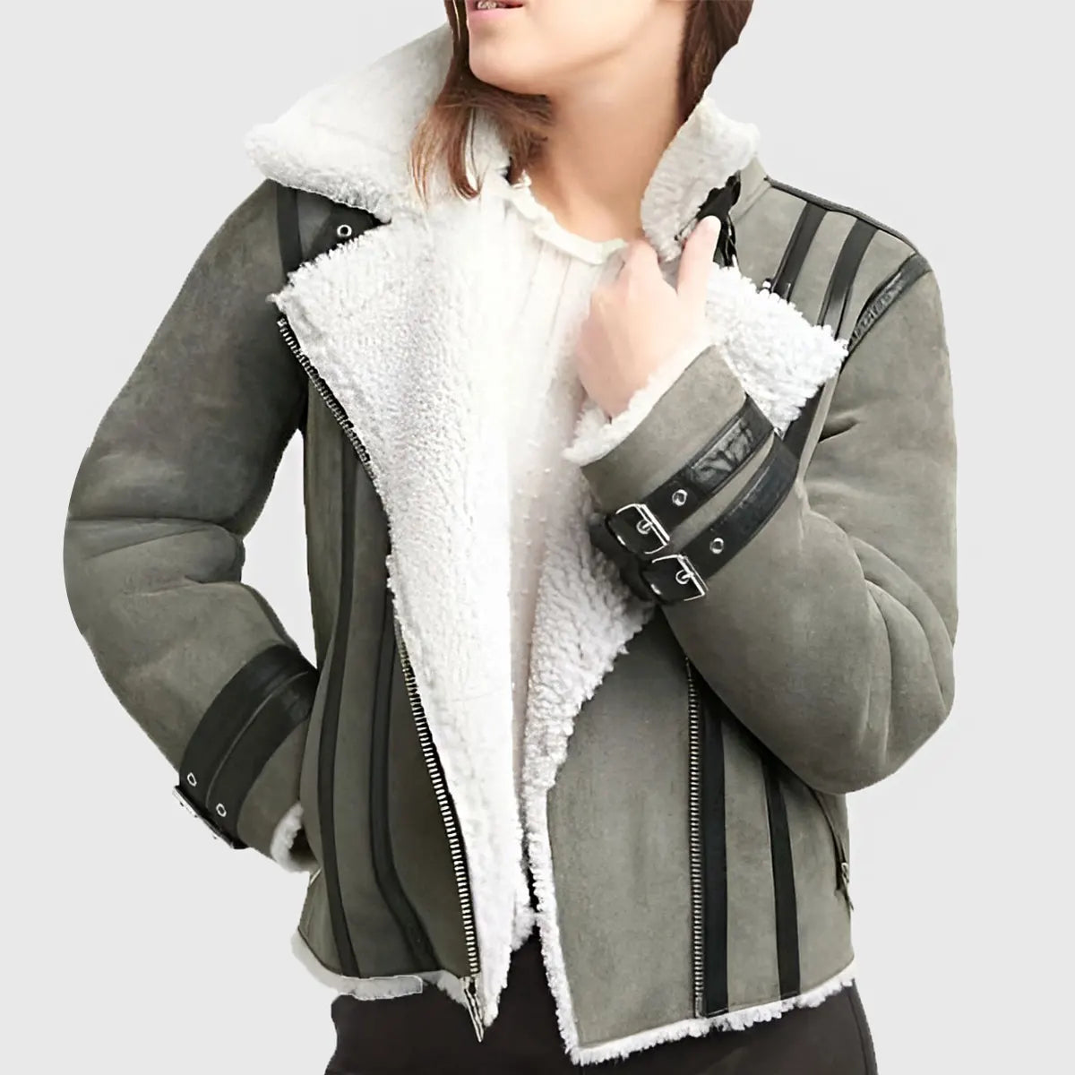 Maggie Women's Grey B-3 Shearling Bomber Leather Jacket | Premium Winter Coat