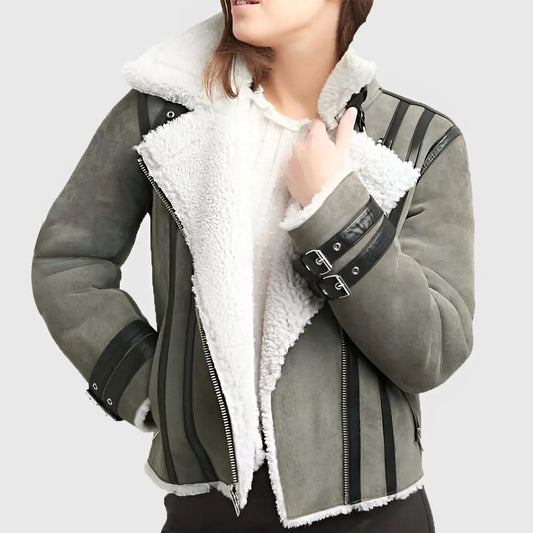 Maggie Women's Grey B-3 Shearling Bomber Leather Jacket | Premium Winter Coat