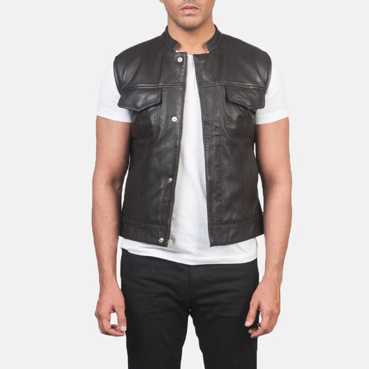 Atlas Moto Black Leather Vest for Men | Premium Genuine Leather Motorcycle Vest