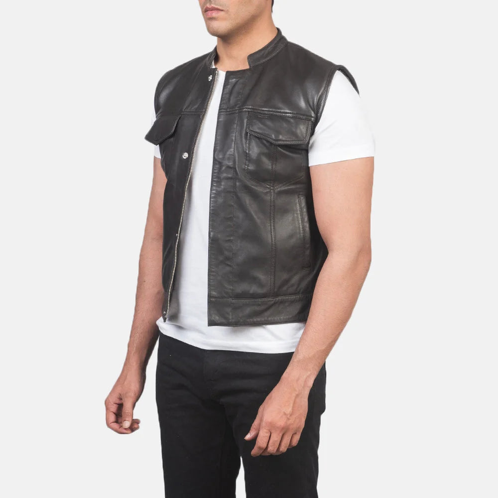 Atlas Moto Black Leather Vest for Men | Premium Genuine Leather Motorcycle Vest