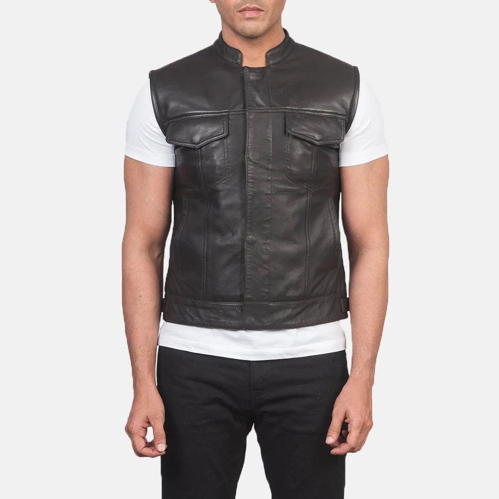 Atlas Moto Black Leather Vest for Men | Premium Genuine Leather Motorcycle Vest