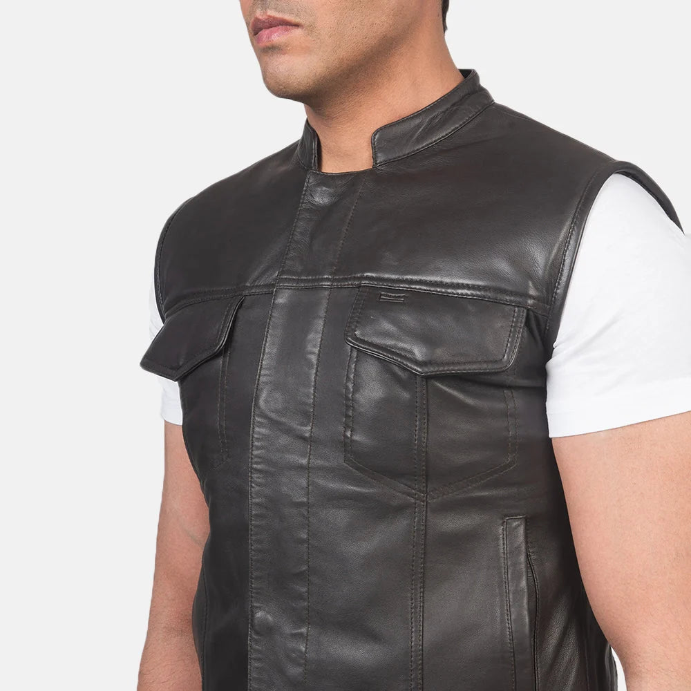 Atlas Moto Black Leather Vest for Men | Premium Genuine Leather Motorcycle Vest