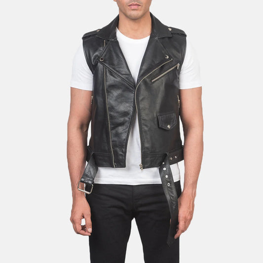 Sullivan Black Leather Biker Vest for Men | Premium Genuine Leather Motorcycle Vest