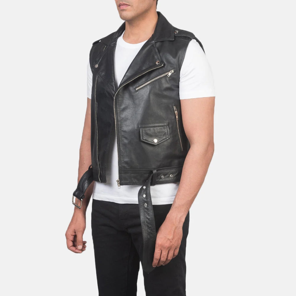 Sullivan Black Leather Biker Vest for Men | Premium Genuine Leather Motorcycle Vest