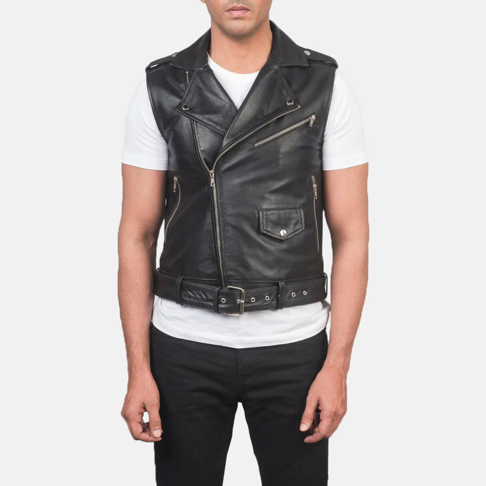 Sullivan Black Leather Biker Vest for Men | Premium Genuine Leather Motorcycle Vest