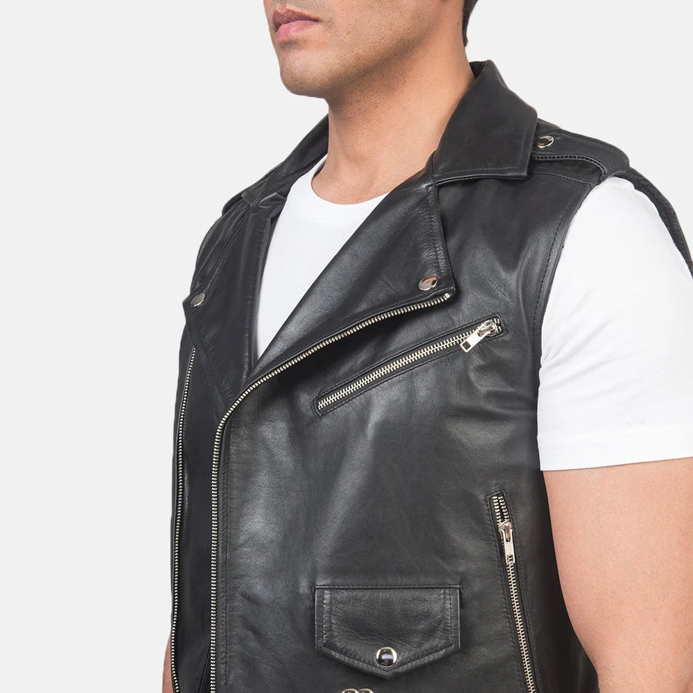 Sullivan Black Leather Biker Vest for Men | Premium Genuine Leather Motorcycle Vest