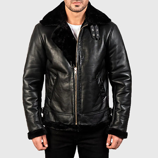 Orban Men's Black B-3 Bomber Leather Jacket | Premium Genuine Shearling Aviator Jacket