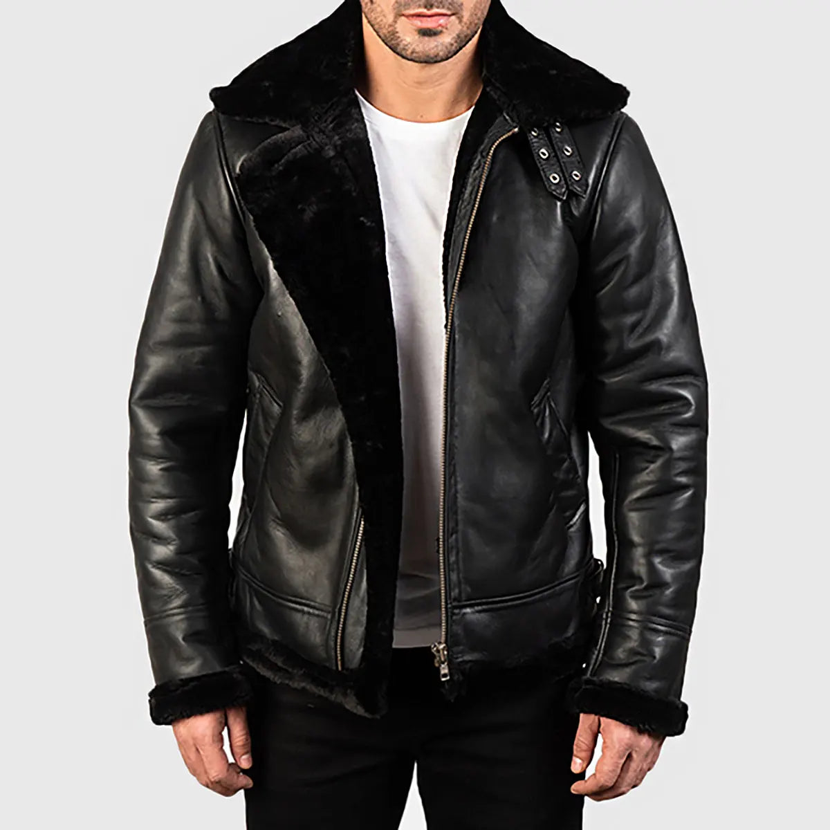 Orban Men's Black B-3 Bomber Leather Jacket | Premium Genuine Shearling Aviator Jacket