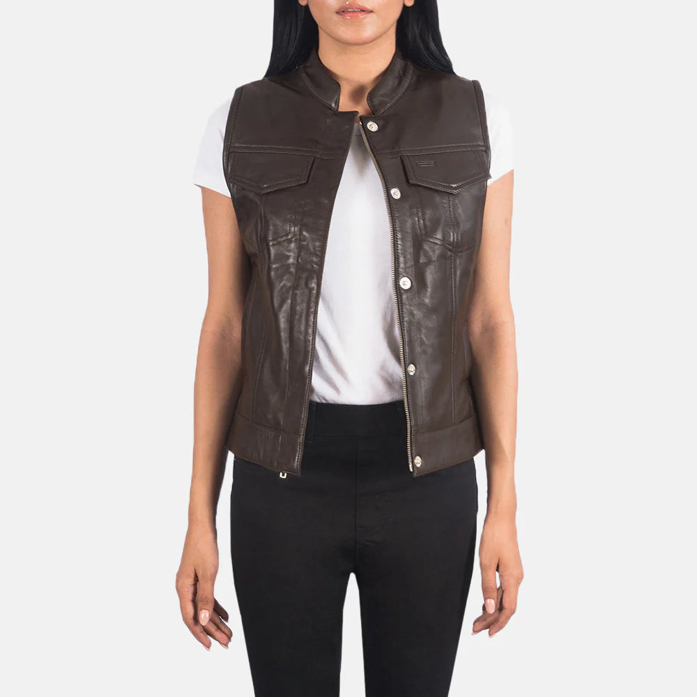 Rayne Moto Brown Leather Vest for Women | Premium Genuine Leather Motorcycle Vest