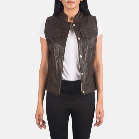 Rayne Moto Brown Leather Vest for Women | Premium Genuine Leather Motorcycle Vest