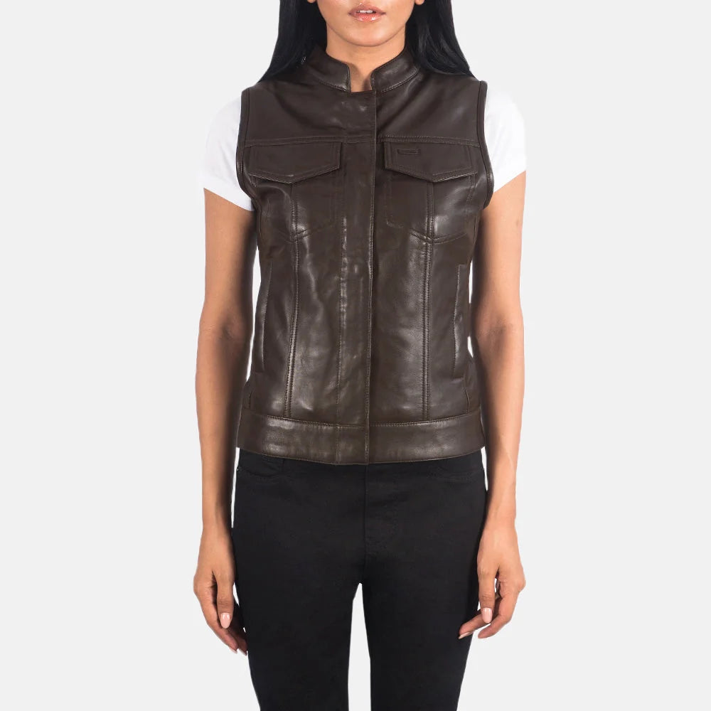 Rayne Moto Brown Leather Vest for Women | Premium Genuine Leather Motorcycle Vest