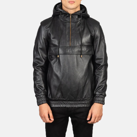 Kenton Hooded Black Leather Pullover Jacket for Men | Premium Genuine Leather Hoodie