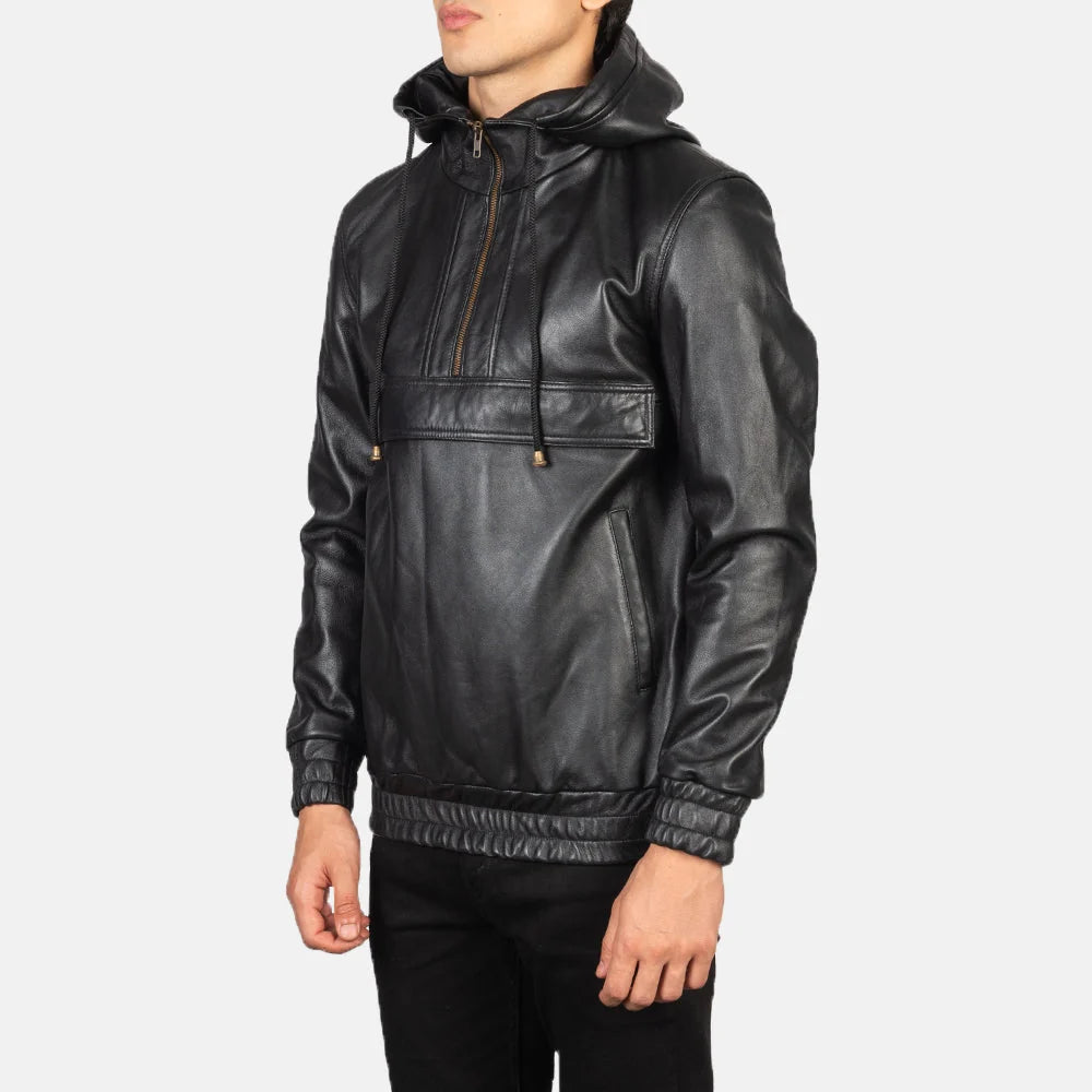 Kenton Hooded Black Leather Pullover Jacket for Men | Premium Genuine Leather Hoodie