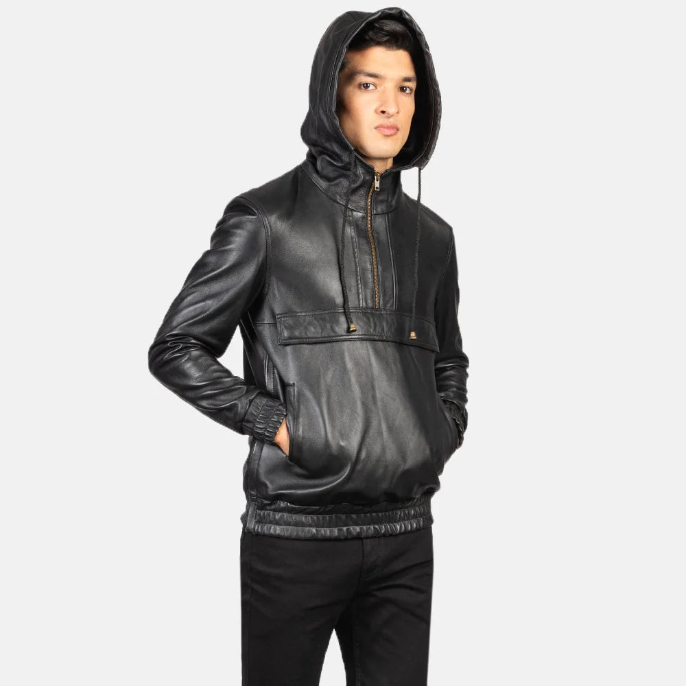 Kenton Hooded Black Leather Pullover Jacket for Men | Premium Genuine Leather Hoodie