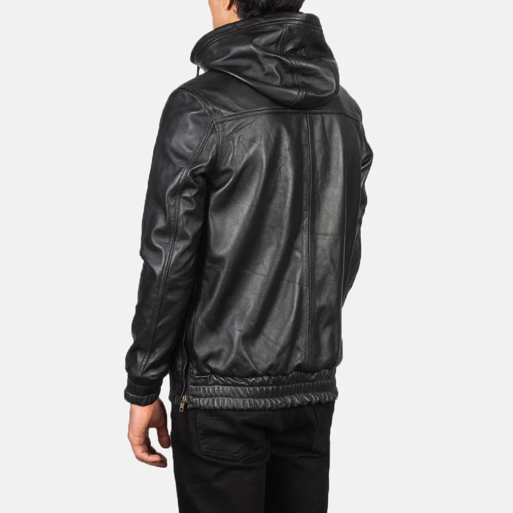 Kenton Hooded Black Leather Pullover Jacket for Men | Premium Genuine Leather Hoodie