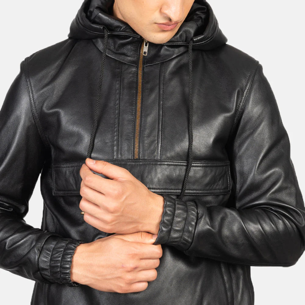 Kenton Hooded Black Leather Pullover Jacket for Men | Premium Genuine Leather Hoodie