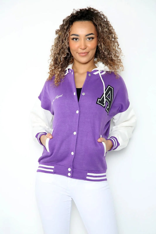Lilac Contrast Sleeve Hooded Varsity Jacket for Women | Premium Wool & Leather Letterman Jacket