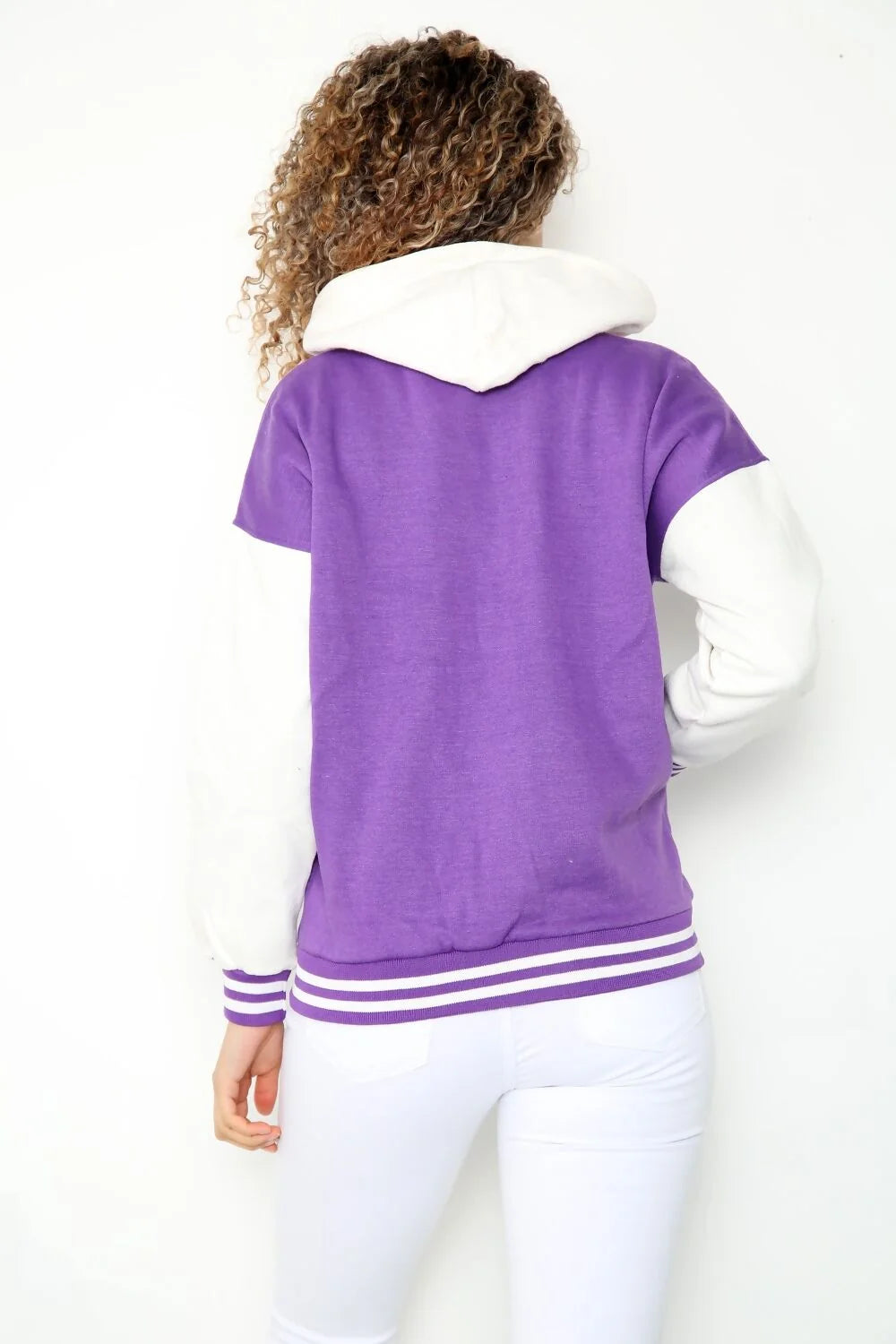 Lilac Contrast Sleeve Hooded Varsity Jacket for Women | Premium Wool & Faux Leather Letterman Jacket