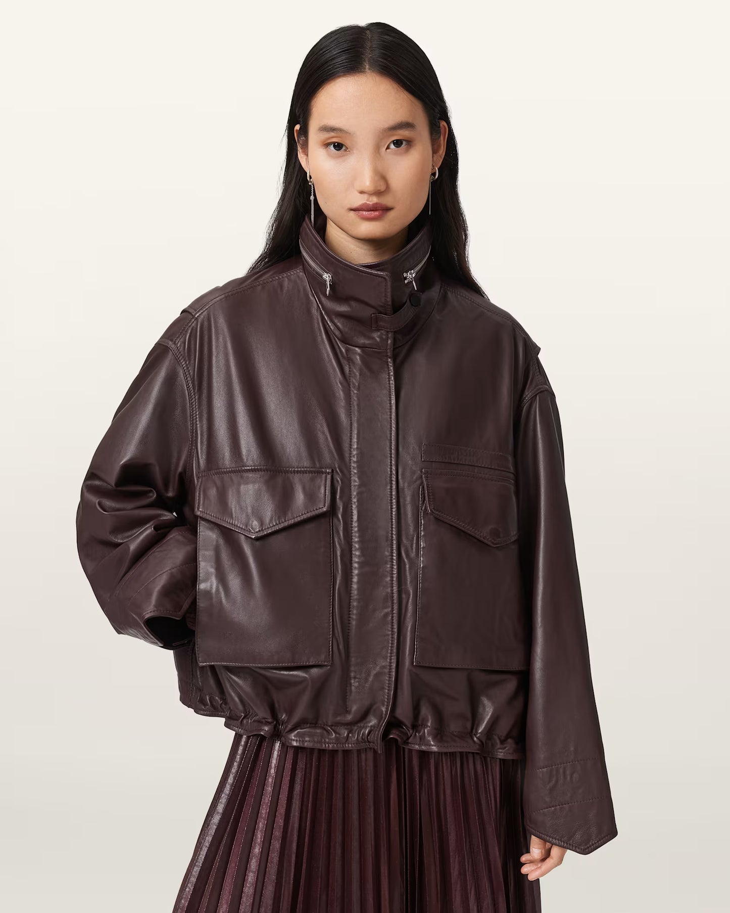 Women's Clay Funnel Neck Oversized Genuine Leather Jacket | Premium Oversized Leather Coat