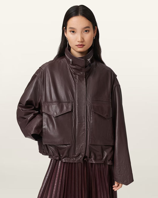 Women's Clay Funnel Neck Oversized Genuine Leather Jacket | Premium Oversized Leather Coat