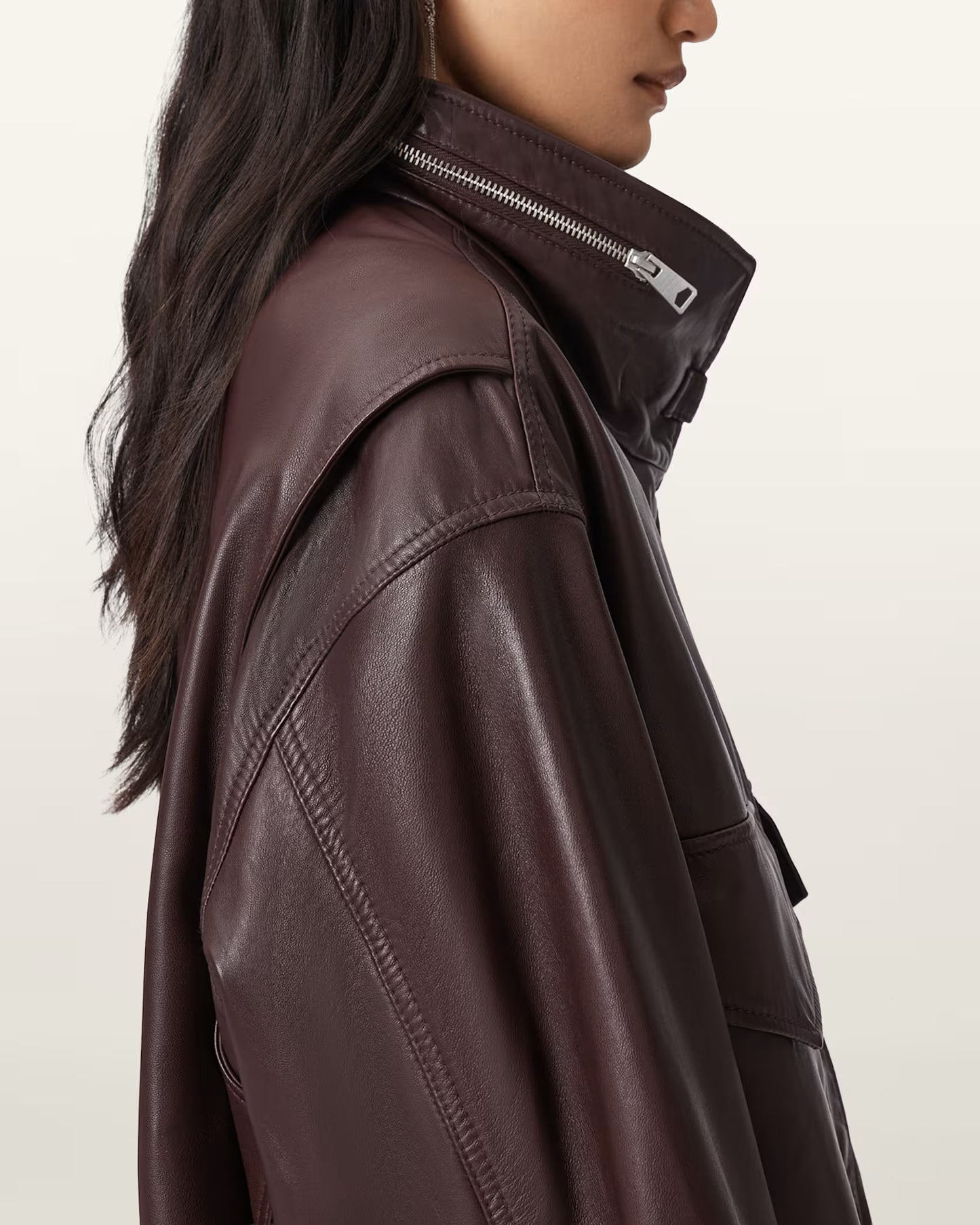 Women's Clay Funnel Neck Oversized Genuine Leather Jacket | Premium Oversized Leather Coat