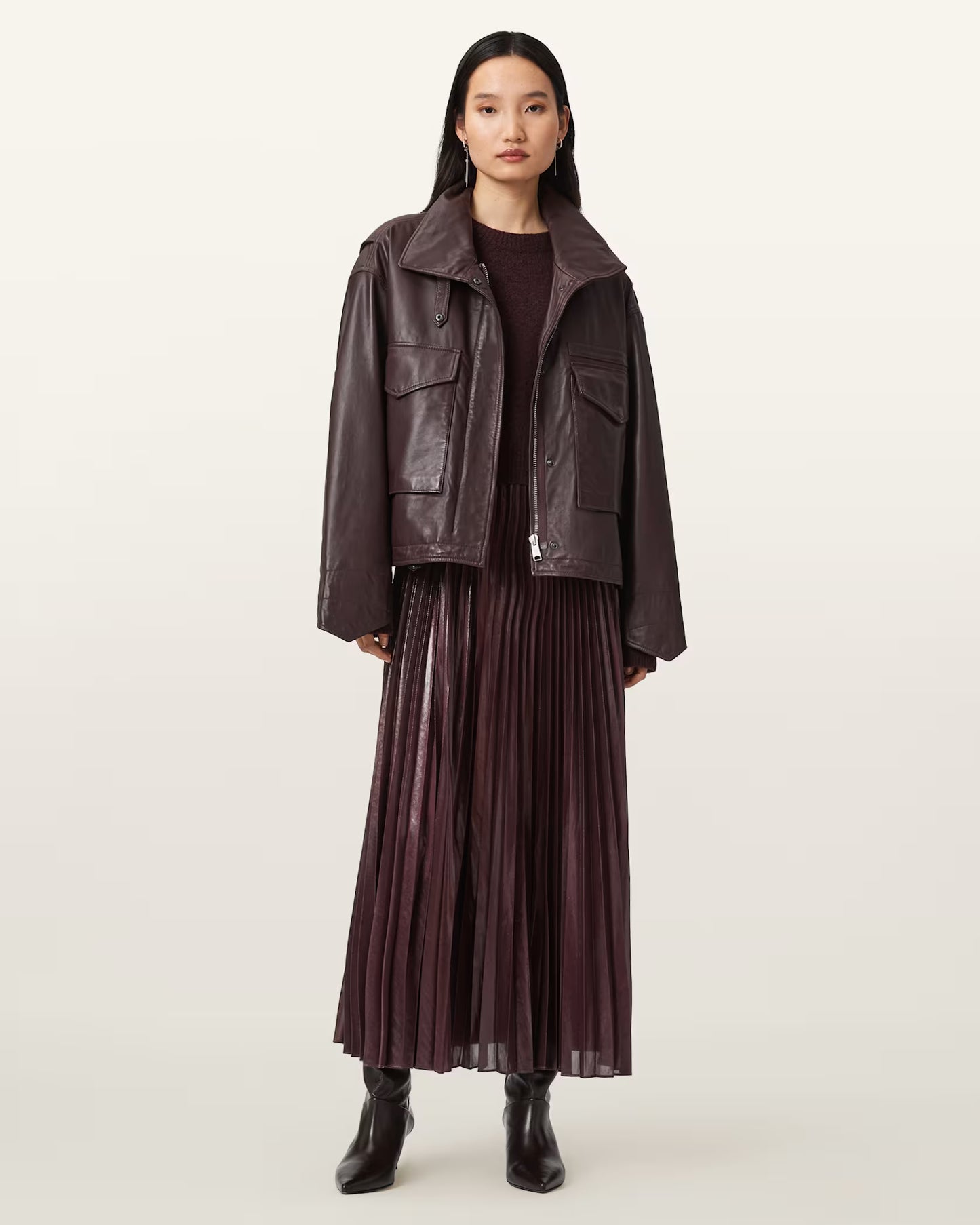 Women's Clay Funnel Neck Oversized Genuine Leather Jacket | Premium Oversized Leather Coat