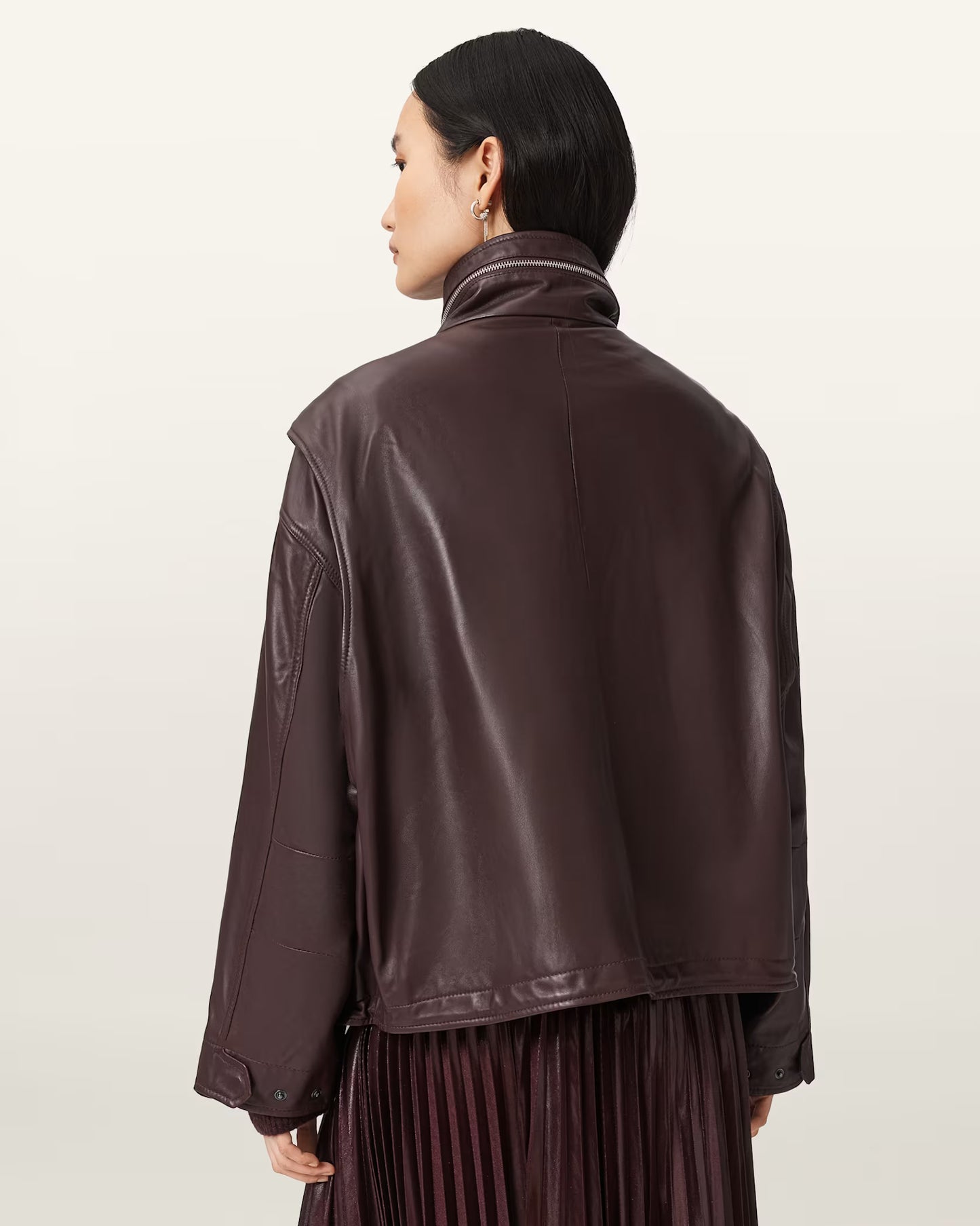 Women's Clay Funnel Neck Oversized Genuine Leather Jacket | Premium Oversized Leather Coat