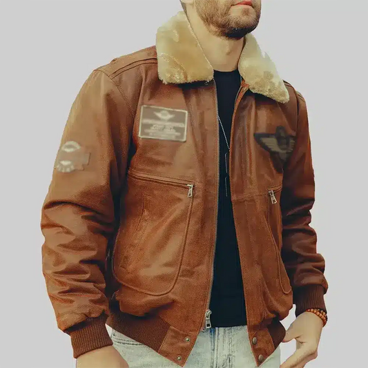Jonas Men's Military Brown Aviator Bomber Leather Jacket | Premium Genuine Leather Flight Jacket