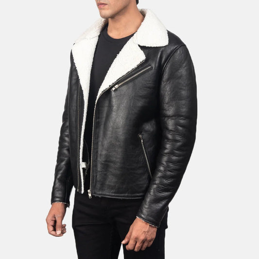 Alberto White Shearling Black Leather Jacket for Men | Premium Genuine Leather Aviator Jacket