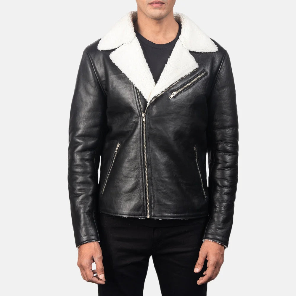 Alberto White Shearling Black Leather Jacket for Men | Premium Genuine Leather Aviator Jacket