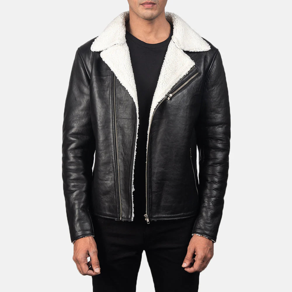 Alberto White Shearling Black Leather Jacket for Men | Premium Genuine Leather Aviator Jacket