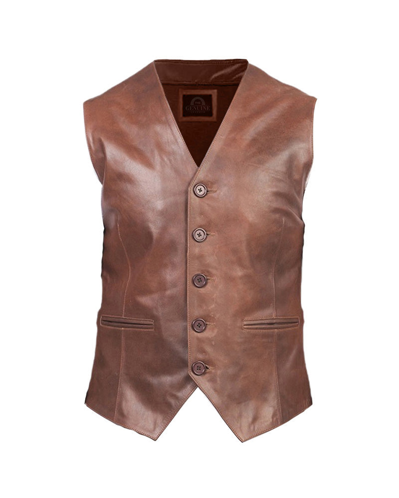 Auden Brown Leather Vest for Men | Premium Genuine Leather Motorcycle Vest