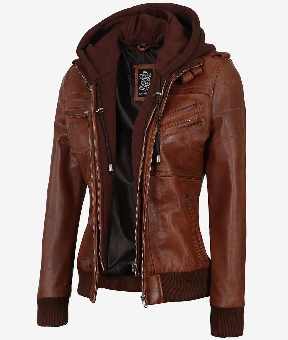 Women's Cognac Brown Leather Jacket with Removable Hood | Premium Genuine Leather Outerwear