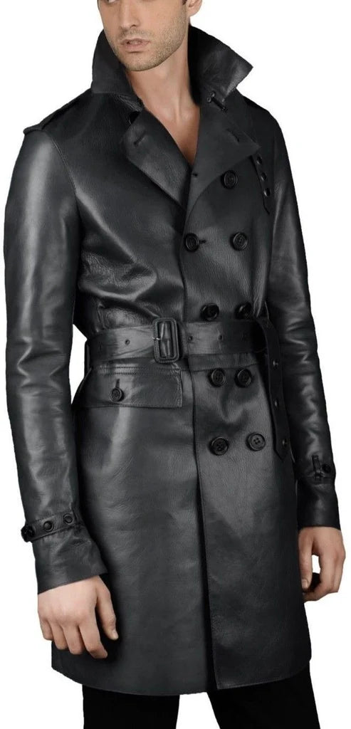 Classic Belted Leather Trench Coat | Premium Long Jacket
