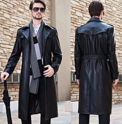 Premium Belted Leather Trench Coat | Long Leather Outerwear