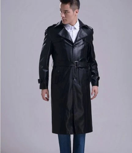 Modern Leather Trench Coat | Long Belted Jacket