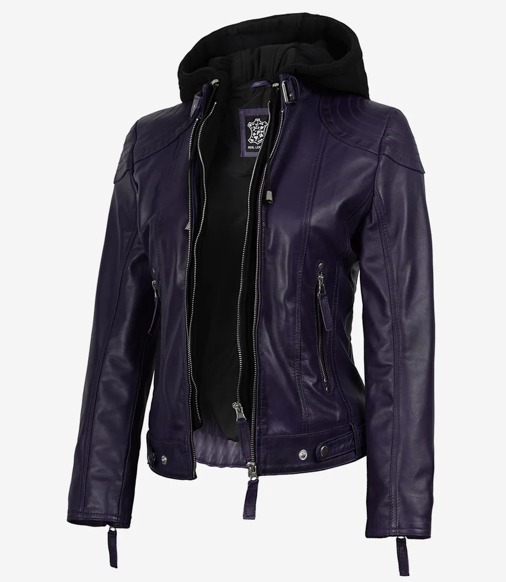 Women's Purple Real Leather Jacket With Removable Hood