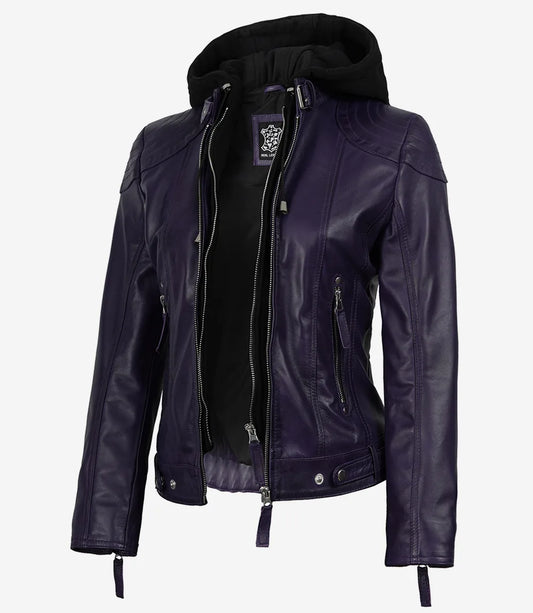 Women's Purple Real Leather Jacket With Removable Hood