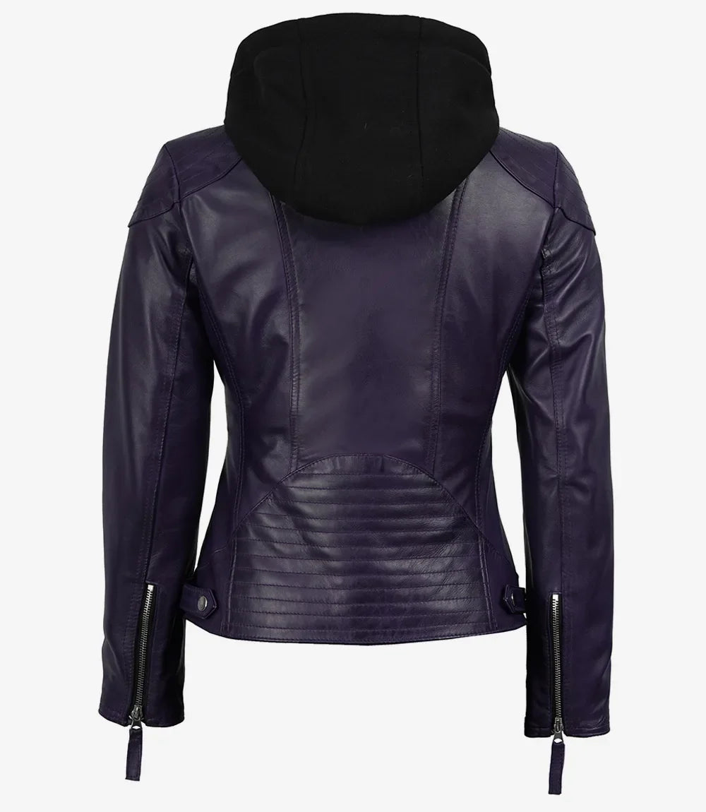 Women's Purple Real Leather Jacket With Removable Hood