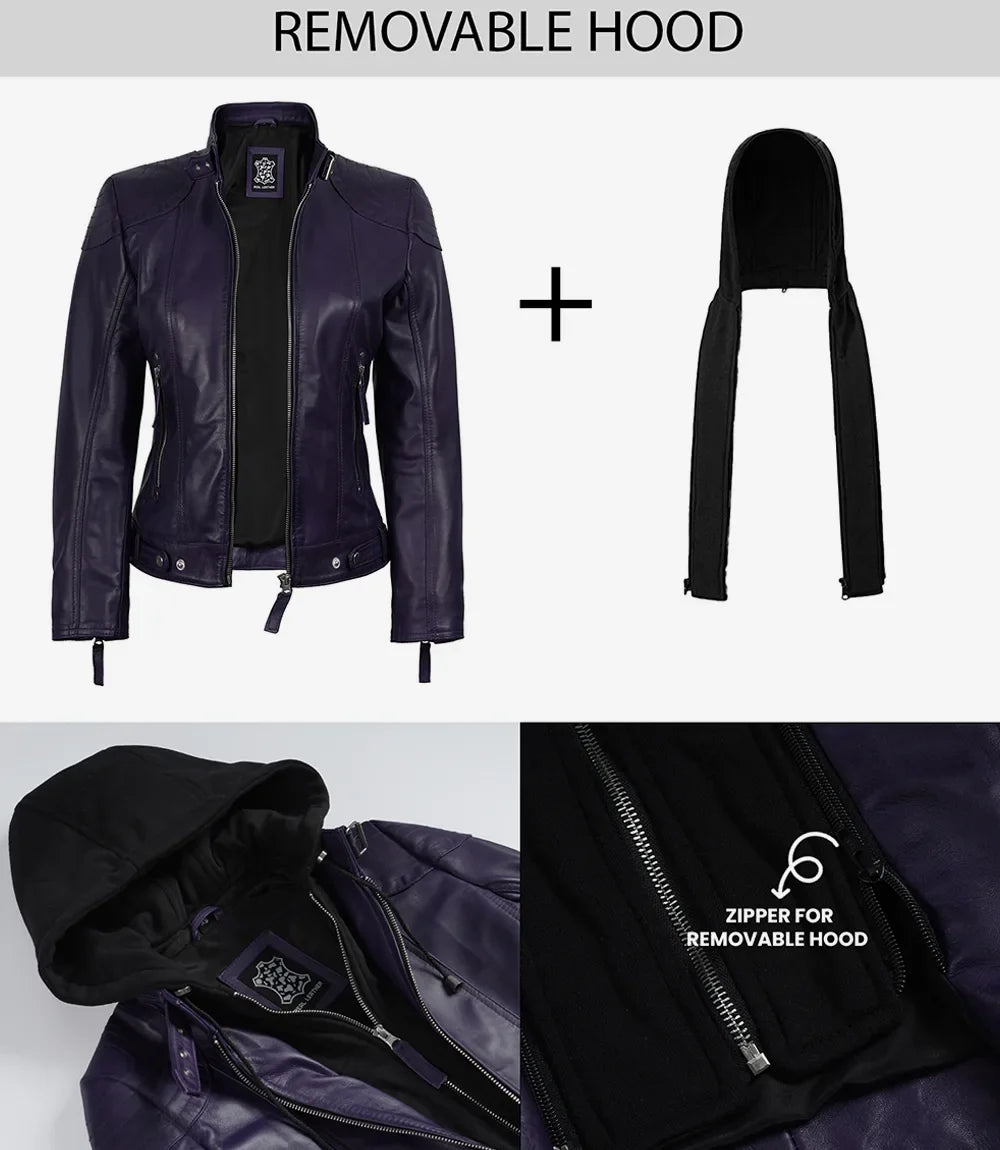 Women's Purple Real Leather Jacket With Removable Hood