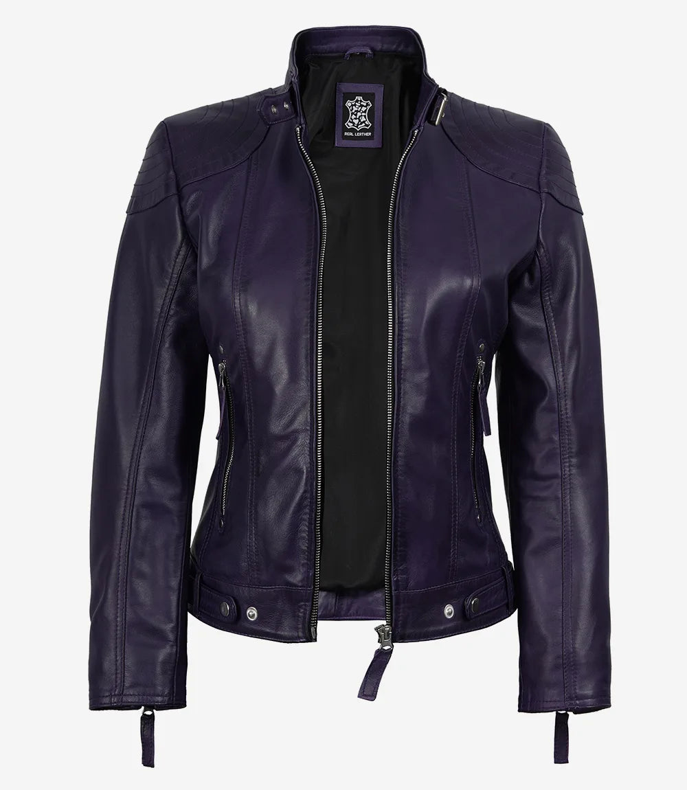 Women's Purple Real Leather Jacket With Removable Hood